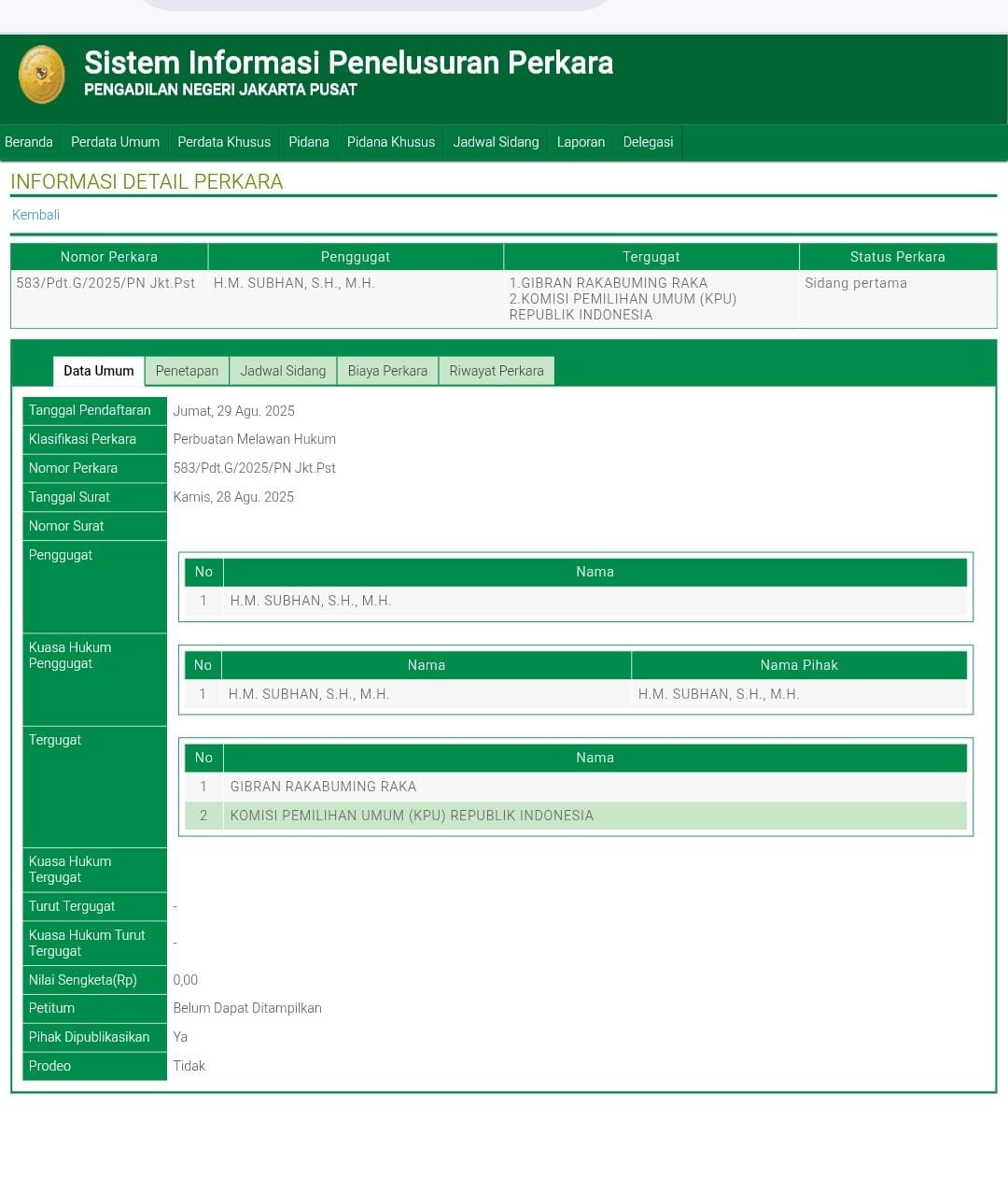 Gugatan terhadap Wapres Gibran (httpssipp.pn-jakartapusat.go.idindex.phpdetil_perkara)
